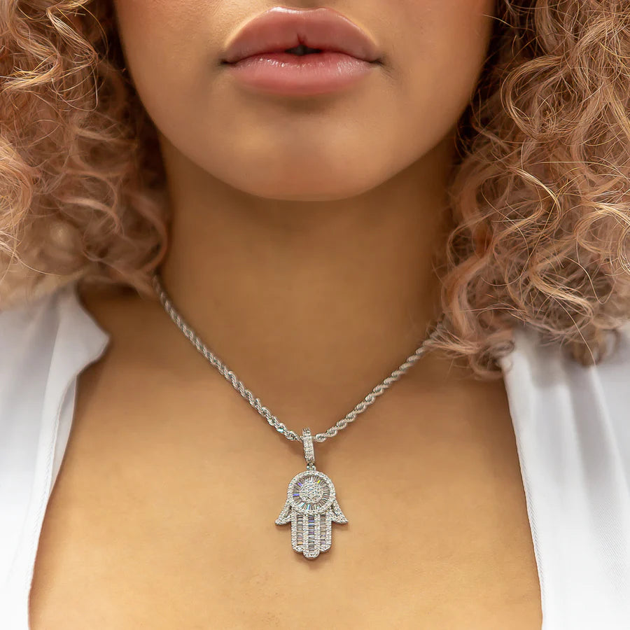 Baguette Diamanten Hamsa hand + Rope ketting | White Gold Plated