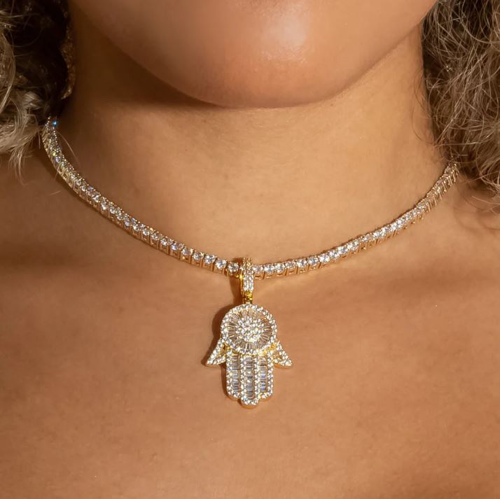 Baguette Diamanten Hamsa hand met Tennis ketting | Gold Plated