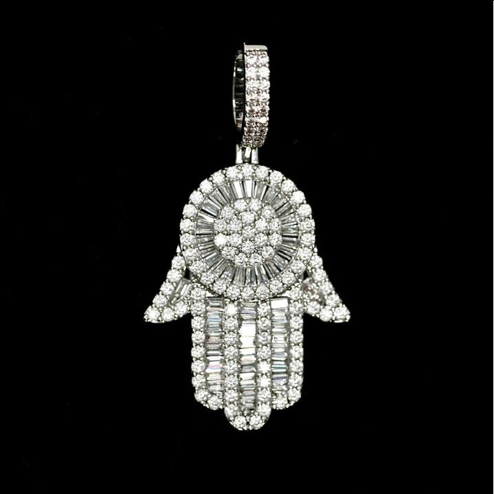 Baguette Diamanten Hamsa hand + Rope ketting | White Gold Plated