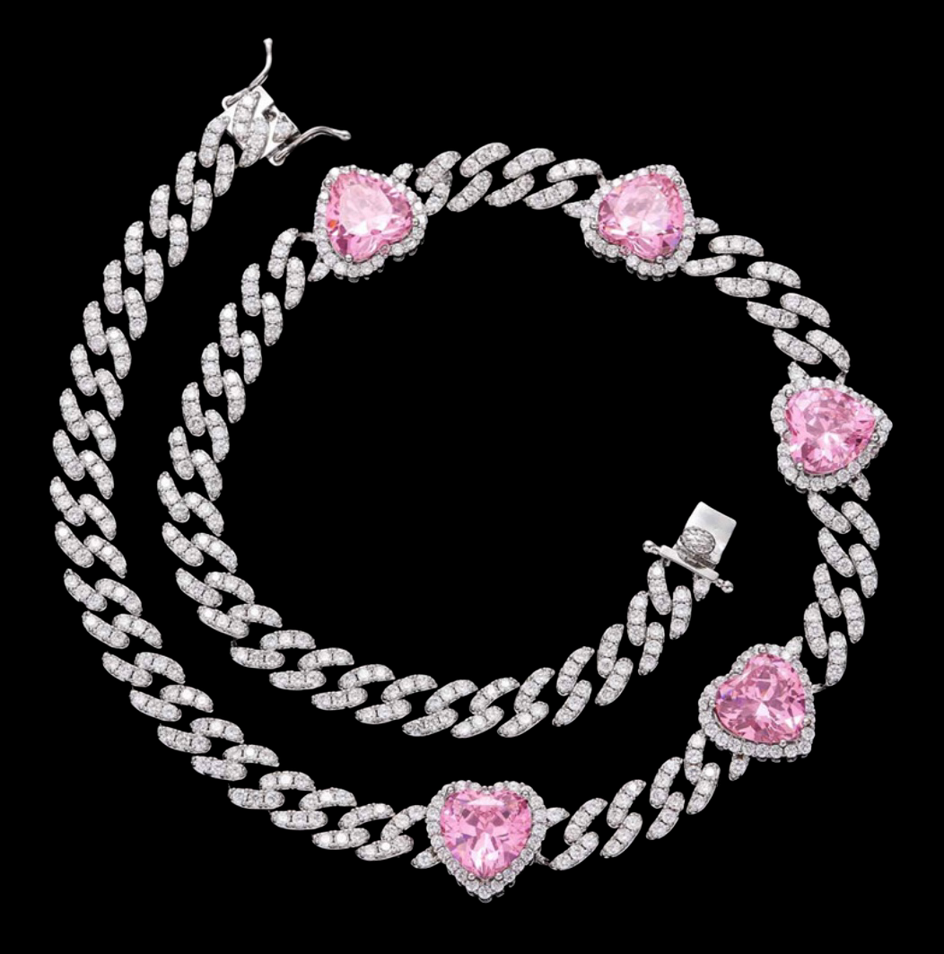 Iced Out roze harten Cuban Ketting