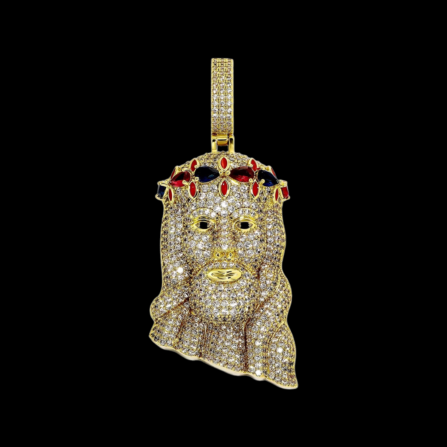 Gold Plated Jezus Hanger met Robijn en Saffier stenen