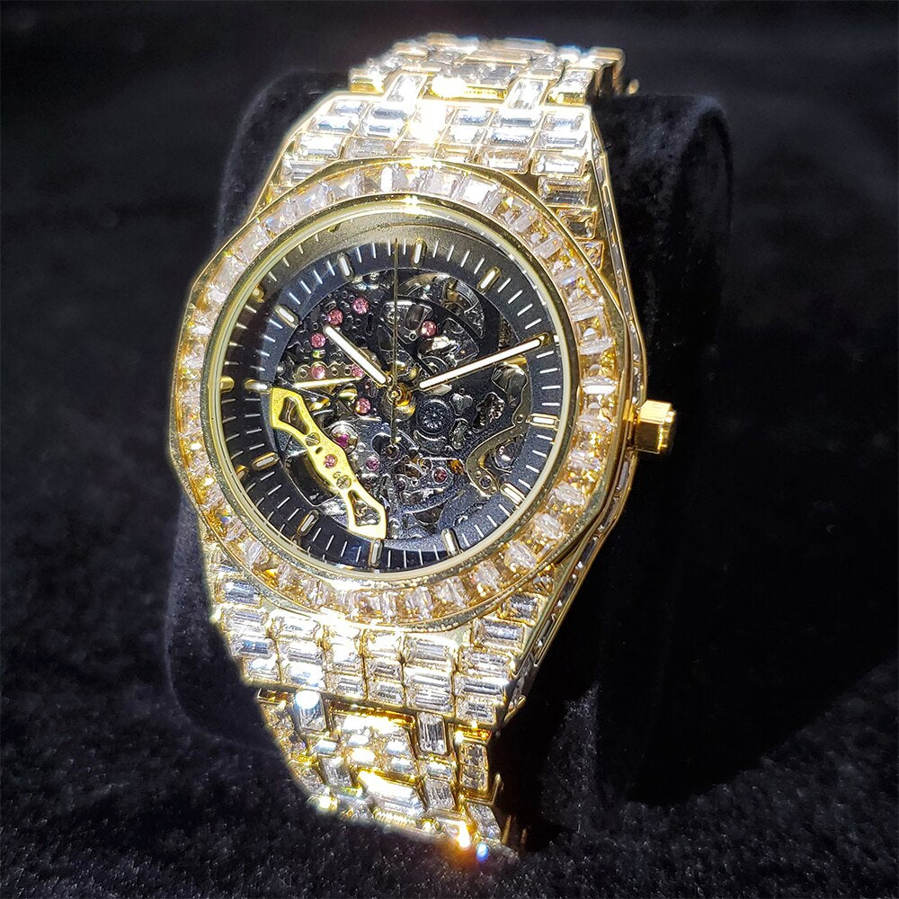 Gold Plated Baguette Diamanten Royal Skeleton horloge