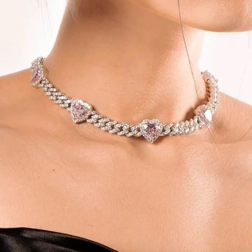Iced Out Pink Diamond Heart Cuban Chain