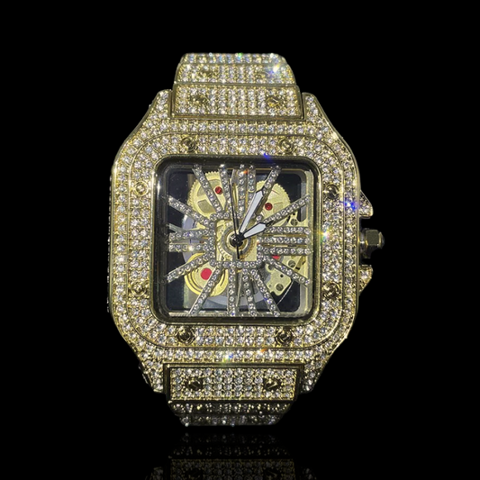 Iced Out Gold Plated King Square Skeleton Watch