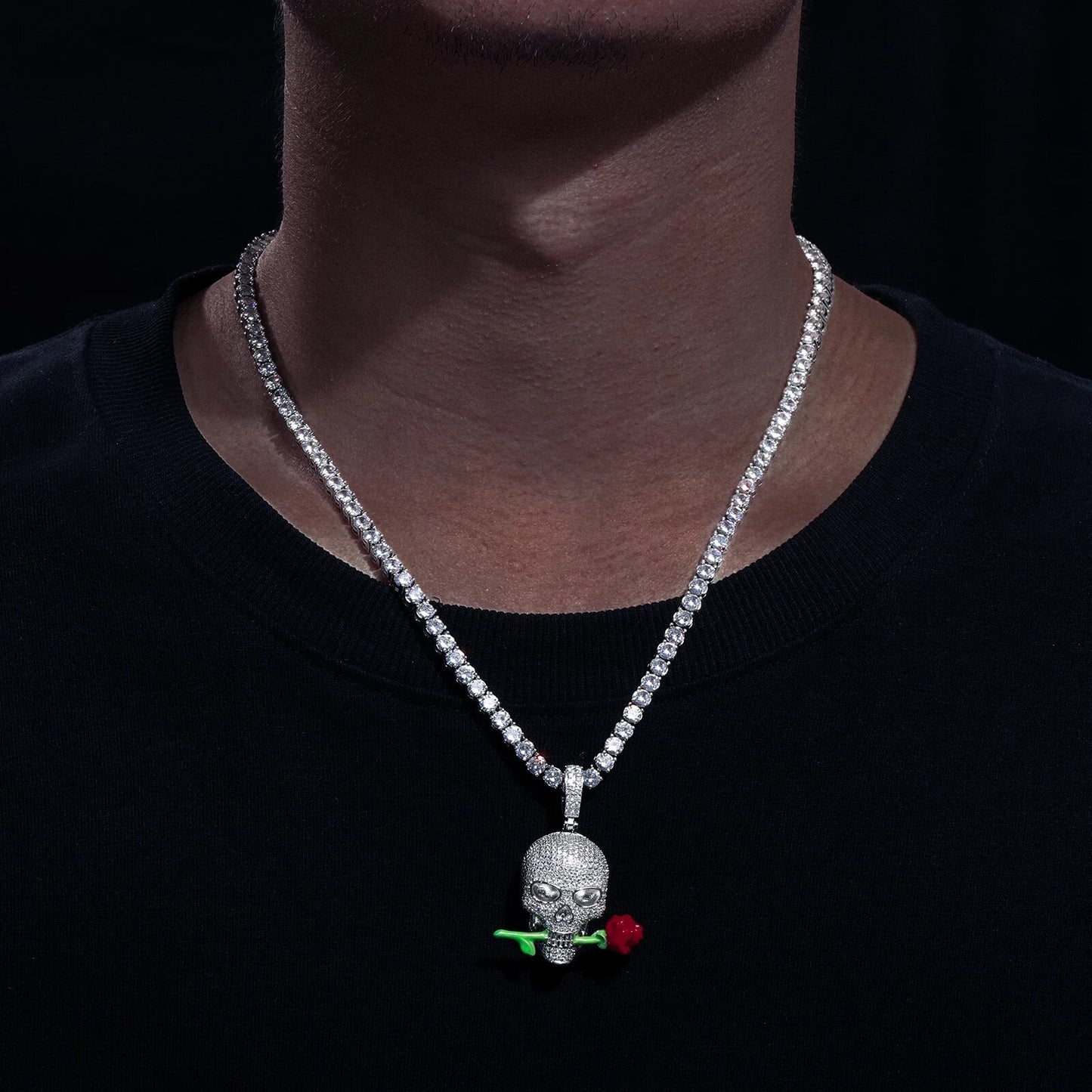 Zilveren Moissanite Diamanten Schedel met roos
