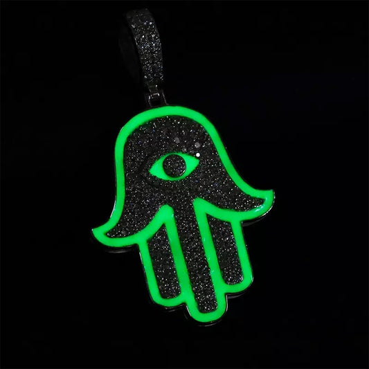 Silver Glow in the dark Hamsa hand with Moissanite diamonds