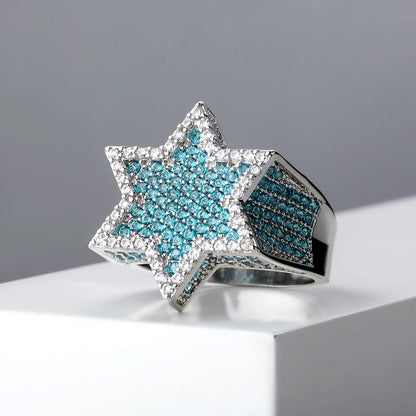 Iced Out Blauwe Star Ring