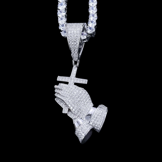 Silver Moissanite Diamond Praying Hand Pendant