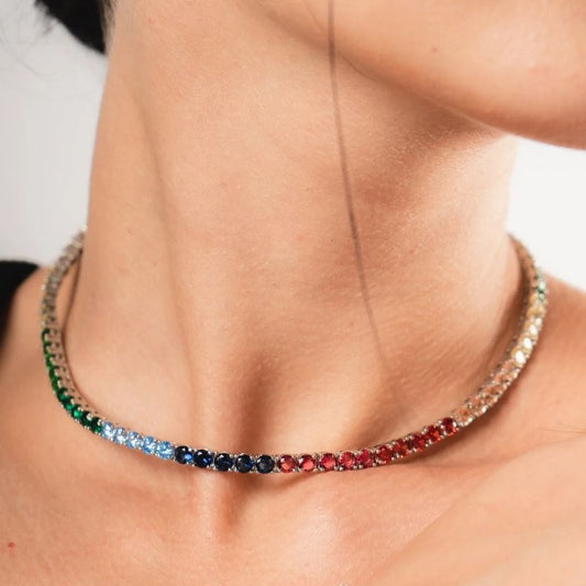 WHITE GOLD PLATED MULTI COLOR CHOKER TENNIS CHAIN